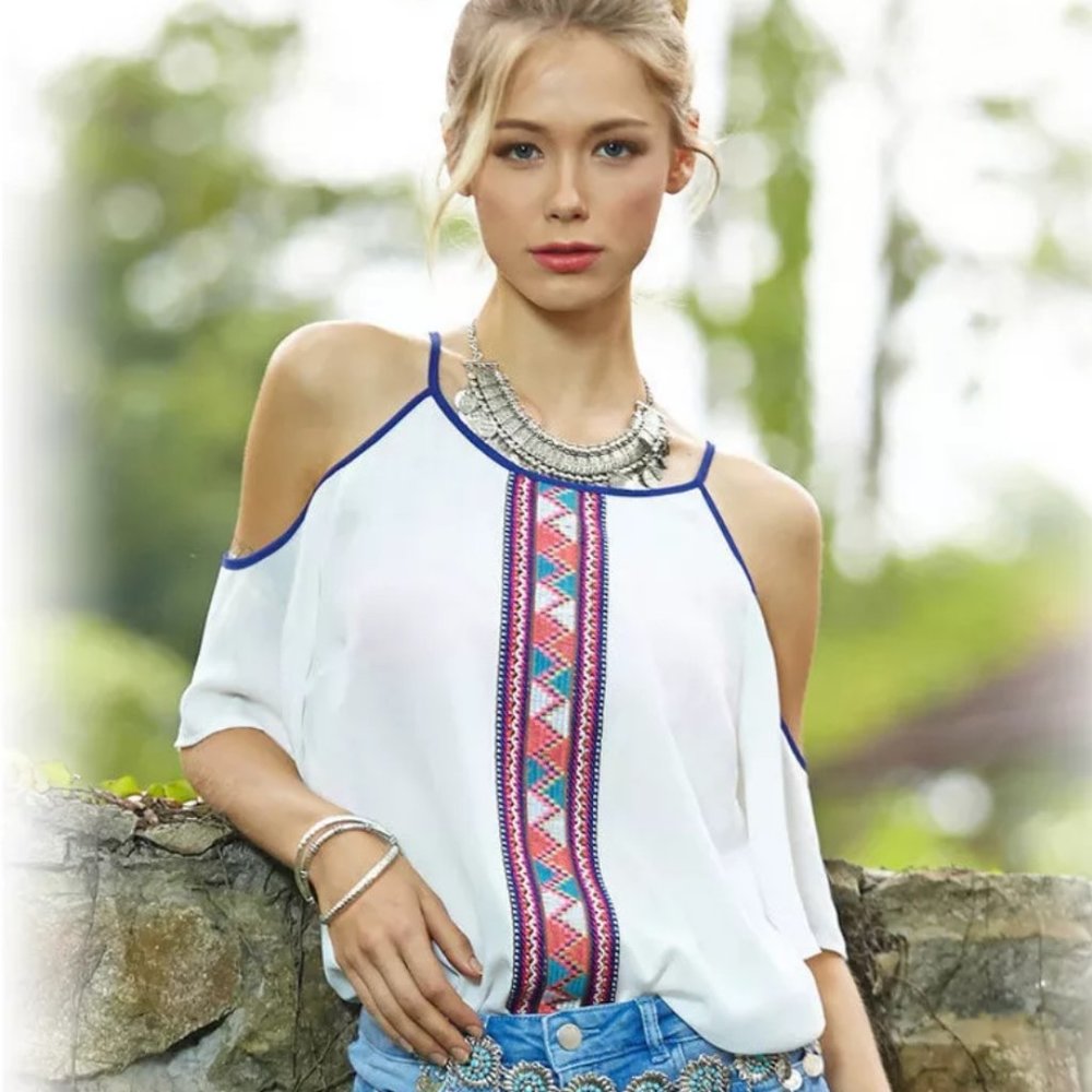 Boho White & Blue Cold-shoulder Blouse